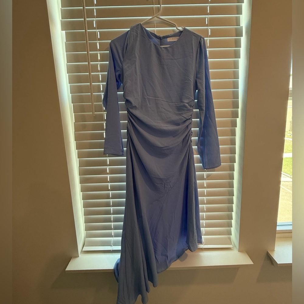 Astr Blue Ruched Long Sleeve Dress